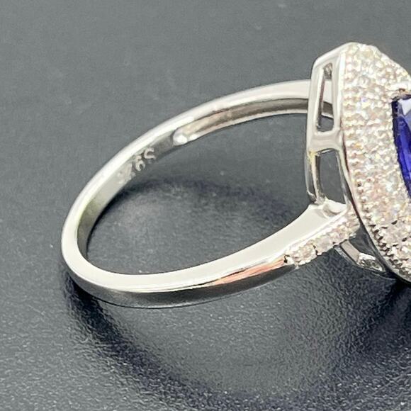 Sterling Silver Marquise Iolite CZ Double Halo Ring Size 8.75 Vintage Style - Picture 10 of 10